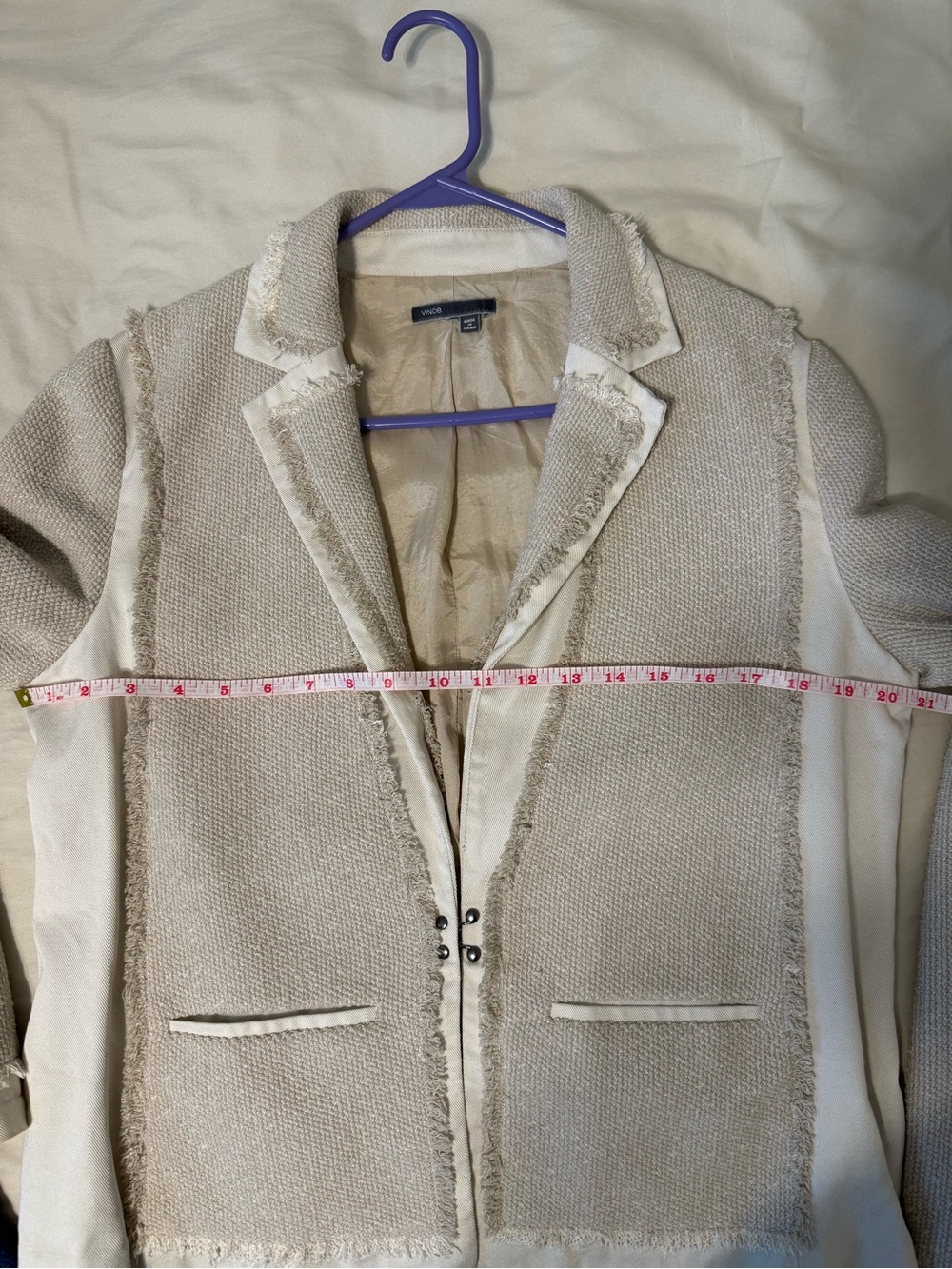 Vince Cream Bouclé Frayed-Edge Blazer Large / Fringed Twill Paneled Tweed Jacket - Picture 7 of 12